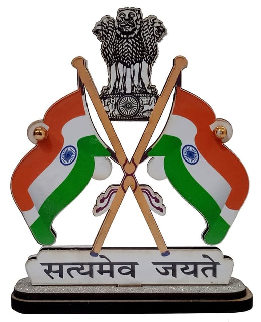Wooden Statue India Flags And Satyamev Jayate: 2 Sided Display Showpiece For Car Dashboard Or Office Table (12670A)