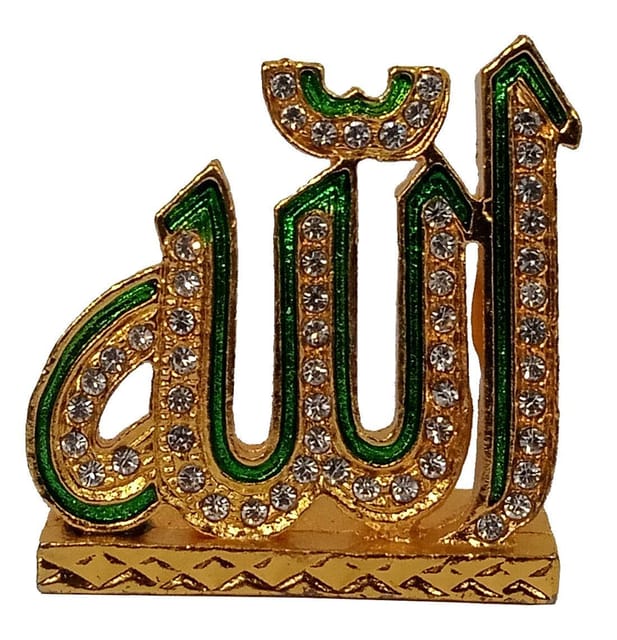 Metal Showpiece Allah: Golden Figurine Statue With Glittering Stones For Home, Office Or Car Dashboard (11381A)