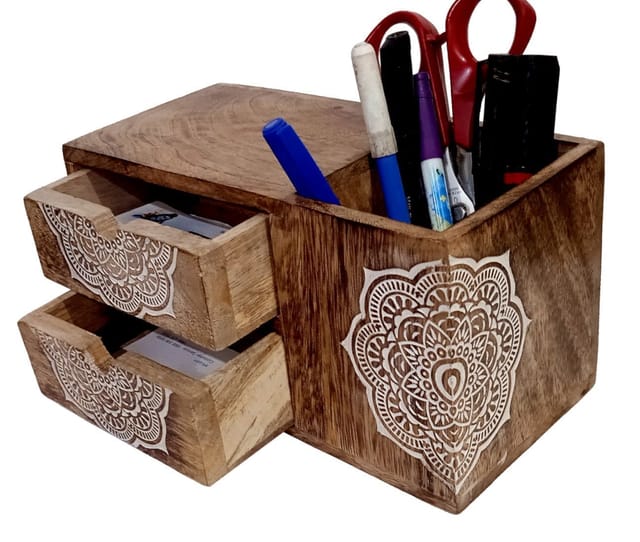 Wooden Desk Organizer: Mandala Painting Multi-Slot Holder For Office Table (12654)