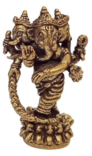 Rare Miniature Brass Idol Standing 3-Head Trimukha Ganesha: Collectible Statue With Fine Workmanship (12698D)