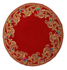 Sequin Border Round Puja Aasan Gaddi: Rich Feel Red-Gold Velvet Mat For God Idols, 9.5 Inches (12404E)