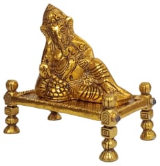 Metal Idol Resting Ganesha: Unique Pose Statue Set On Folk Indian Jute Bed Or Charpoy (12710)