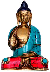 God Statue of Lord Buddha in Solid Brass Metal with Turquoise Gem-stone Work (10359)