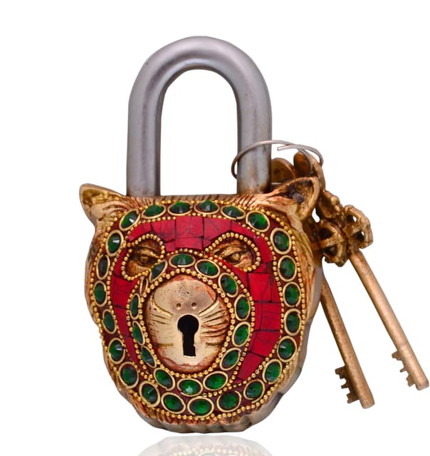 Lion Shaped Brass Lock Padlock: Handmade Antique Design With Colorful Gemstone Work (10699)