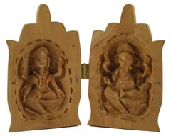 Wooden Statue From Rare Collection: Lakshmi-Ganesh Idols Encased In Namaskar-posed Hands (10688)
