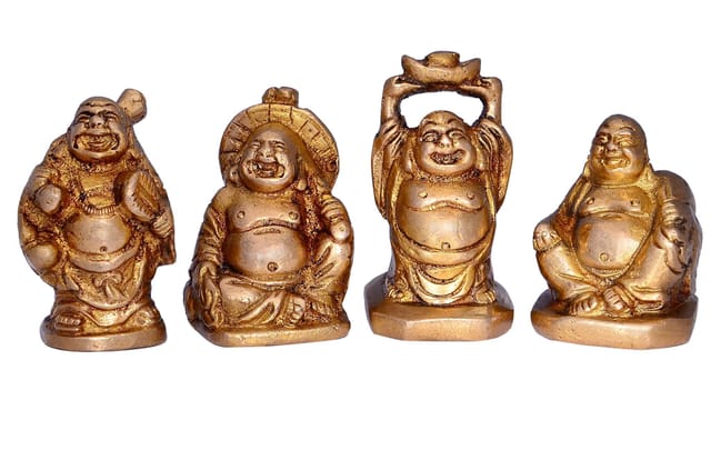Vintage Laughing Buddha Statue Set In Solid Brass Metal (10672)