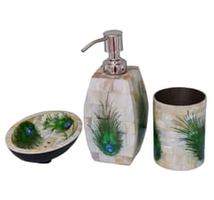 Mother Of Pearl Bathroom Set In Peacock Design: Premium Collection Liquid Dispenser, Soap Dish & Toothbrush Stand Set (10710a)