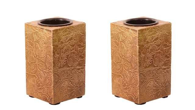 Wooden T Light Candle Holders with Brass Sheet Cover (Set of 2) Golden , Indian souvenir, gift (10997)