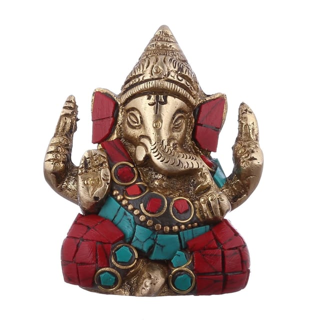 Brass Statue Lord Ganesha (Ganapathi or Vinayaka): Small Idol with Gemstones (10954)
