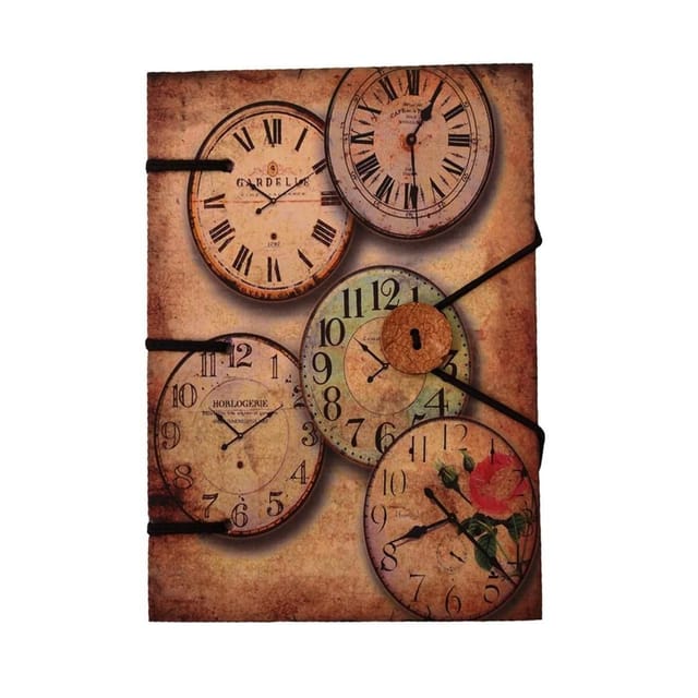 Vintage Journal (Diary Notebook) 'The Clock is Ticking': Naturally Treated Paper Encased In Digital Print Hard Cover With Unique Button & String Closure For Personal Memoir or unique Gift (11108)