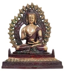 Brass Statue Lord Buddha In Unique Copper Finish: Large Idol In Vitarka Mudra Or Preaching Posture (11096)