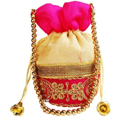 Rich Velvet & Jute Potli Bag (Clutch, Drawstring Purse, Evening Handbag) For Women With Gold Embroidery Work and Golden Beads String , Fuchsia Pink (11478)