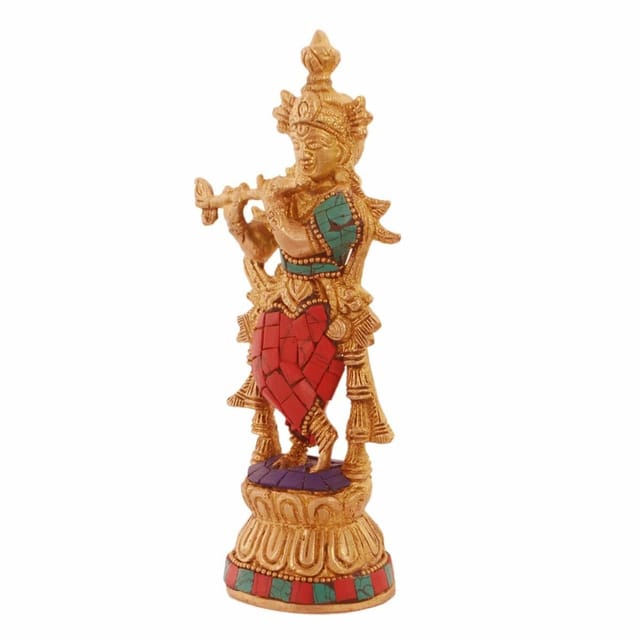 Brass Idol Krishna: Gemstones Overlay Statue For Home Temple (11236)