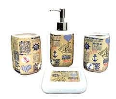 Ceramic Bathroom 4-piece Set 'High Seas': Soap Dish, Liquid Dispenser, Glass, Toothbrush Holder (11777B)