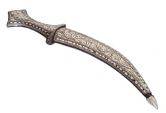 Antique Dagger Knife: Crown Design Hilt, Damascus Iron Blade, & Silver Wire Koftgari Sheath (A20051)