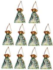 Polyester Net Brocade Gift Pouch, Turquoise, 4 Inches: Pack of 10 Potli Gift Bags (12077)