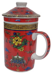 Porcelain Oriental Green Tea Mug, Infuser & Lid 'Holy Flower' (11723I)