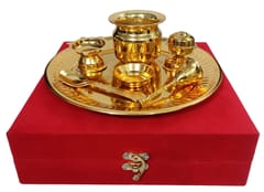 Metal Puja Thali Set: Home Temple Decorative Platter With 7 Items In Velvet Gift Box, Gold (12595B)