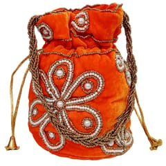 Chenille Potli Bag (Clutch, Drawstring Purse): Intricate Bead Work Satchel Handbag, Orange (12396E)