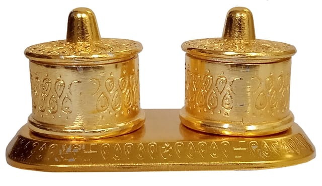 Metal Box With Two Containers For Home Temple Puja Ghar: Kumkum (Sindoor) Chawal Diya Batti Dibbi (12609)