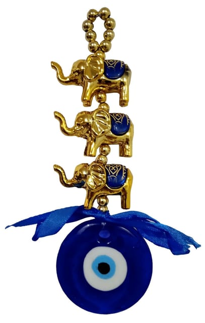 Ceramic Evil Eye Wall Car Hanging With Three Elephants: Vastu Feng Shui Good Luck Decorative Charm (11015B)