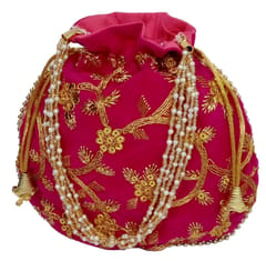 Chenille Potli Bag (Clutch, Drawstring Purse): Intricate Gold Thread & Sequin Embroidery Satchel For Women, Fushcia Pink (12603A)