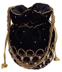 Chenille Potli Bag (Clutch, Drawstring Purse): Intricate Bead Work Satchel Handbag, Black (12604A)