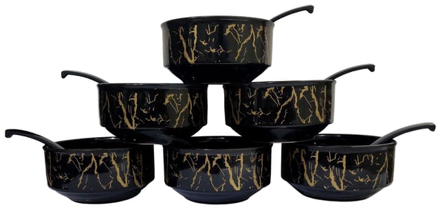 Ceramic Soup Bowl Set 'Golden Lightning': Set Of 6 Glazed Finish Bowls With Spoons (12674A)