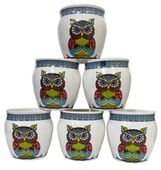 Ceramic Designer Kulhar Cups Colorful Owl: Indian Souvenir Memorabilia Set Of 6 Mugs (12314A)