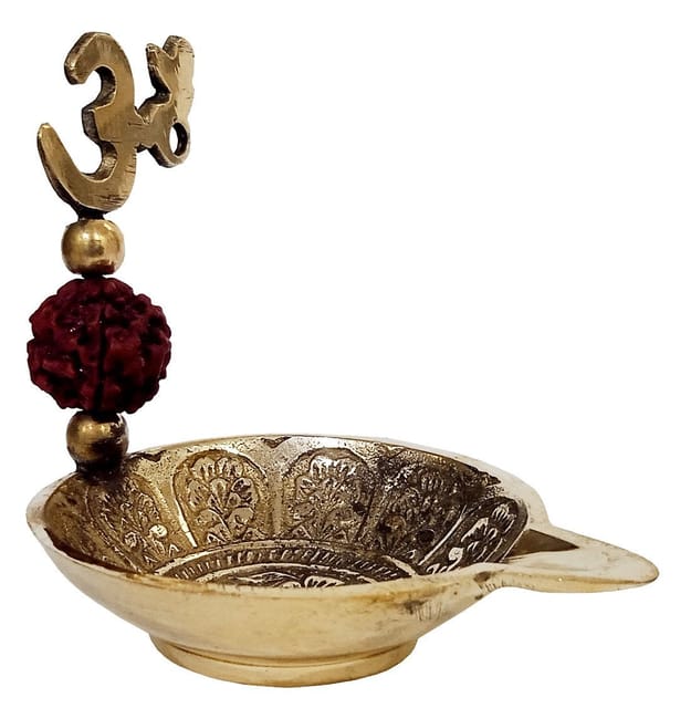 Brass Oil Lamp Diya Om Rudraksha: Traditional Design Deepam (12657)