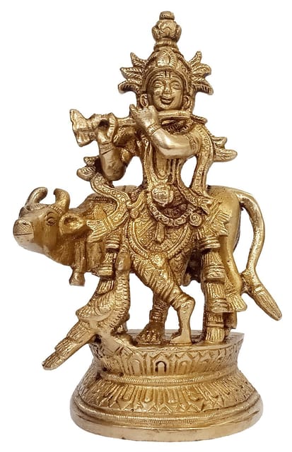 Brass Idol Krishna Gopala Govinda With Cow: Collectible Statue For Home Temple Mandir (10914A)