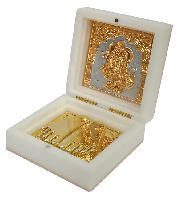 Resin Puja Gift Box: Radha Krishna With Golden Feet Paduka For Travel Or Gifting (12394D)