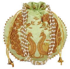 Silk Potli Bag (Clutch, Drawstring Purse): Intricate Gold Thread & Sequin Peacock Embroidery Satchel For Women, Lime Green (11474C)