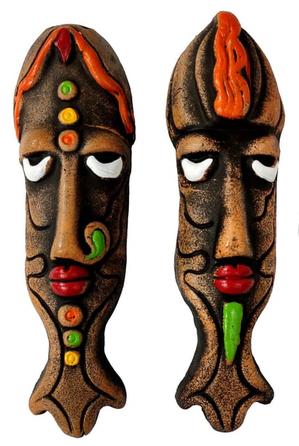 Terracotta Decorative Tribal Masks: Set Of 2 Clay Wall Hangings, Small (12706B)
