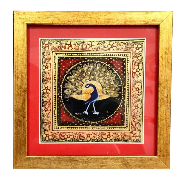Silk Cloth Painting Golden Peacock: Indian Rajasthani Intricate Artwork Framed For Table Top Or Wall Hanging; Collectible Miniature Art (12477A)