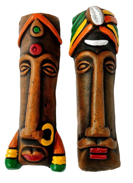 Terracotta Decorative Tribal Masks: Set Of 2 Clay Wall Hangings, Small (12706A)