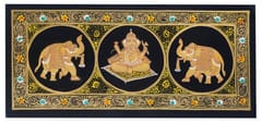 Silk Cloth Painting Ganesha (Ganapathi Or Vinayak) With Welcoming Elephants: Collectible Indian Miniature Art Unframed Wall Hanging (12479G)