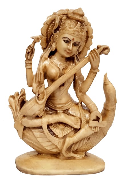 Resin Idol Saraswati (Saraswathi): Goddess Of Knowledge, Music & Art; Stone Finish Decor Statue (10823B)