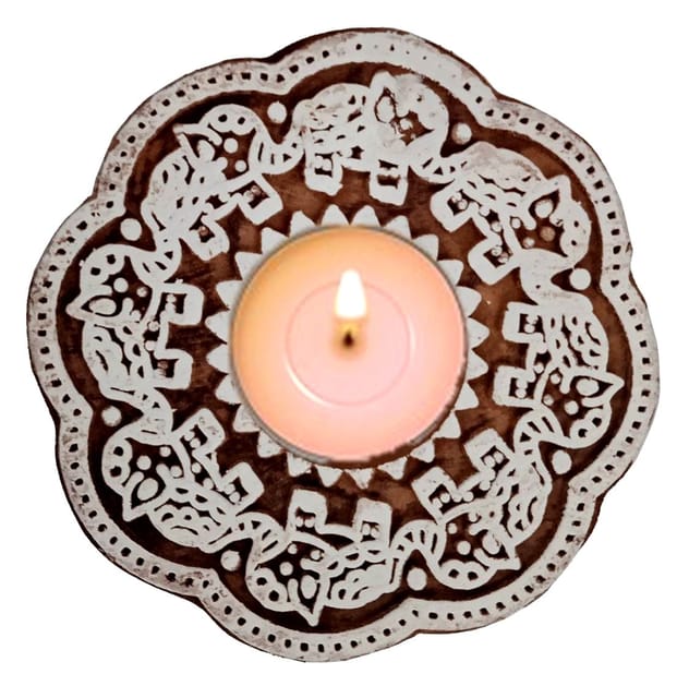 Wooden T Light Candle Holder: Unique Printing Block Rangoli Paisley Ambi Design (12509B)