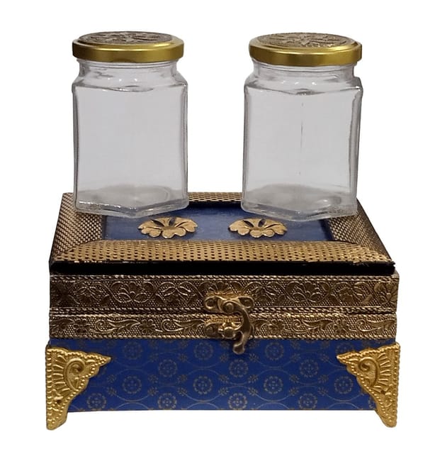Wooden Box With Brass Sheet Accents: Two Glass Jars Inside For Nuts, Candies, Spices, Or Mouth Fresheners, Blue (12694A)