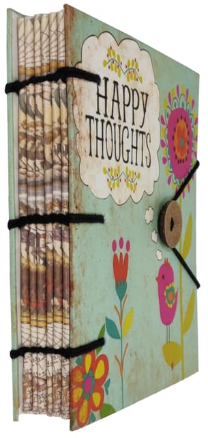 Paper Vintage Diary Journal 'Happy Thoughts': Handmade Paper, Hard Bound, Stretch Band With Button Closure,  Eco Friendly Notepad, 7*5 Inches, 144 Unruled Pages (12731)