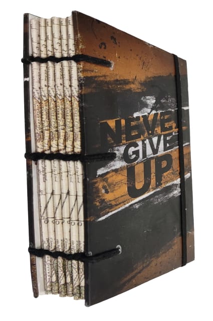 Paper Vintage Diary Journal 'Never Give Up': Handmade Paper, Hard Bound, Elastic Strap for Closure, Eco Friendly Notepad, 7*5 Inches, 144 Unruled Pages (12733)