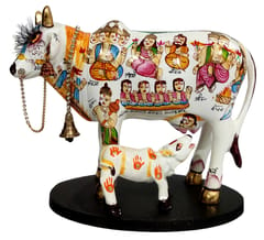 Resin Idol Kamdhenu Wish Cow & Calf: Hindu Gods Painted Good Luck Statue (10103D)