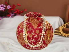 Silk Potli Bag (Clutch, Drawstring Purse): Intricate Gold Thread & Sequin Embroidery Satchel For Women, Maroon (12602H)