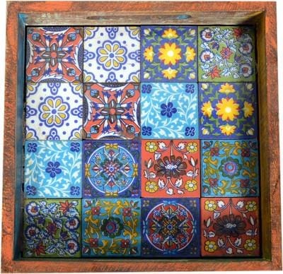 Blue Pottery Embossed Wood Tray (Multicolor) bptray