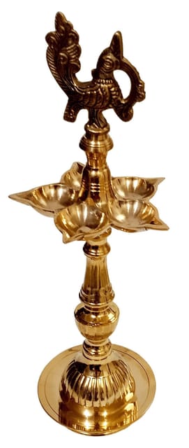 Brass Kuthu Vilakku Inauguration Oil Lamp Diya: Peacock Design?5 Lights Deepam, 14 inches (12577)