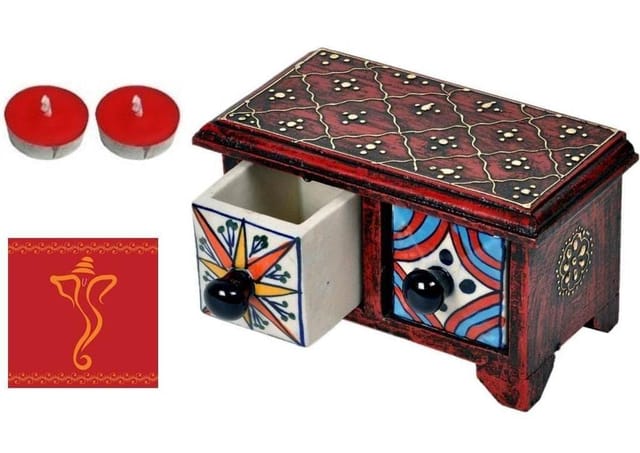 Diwali gift Hamper: Decorative drawer, Greeting Card and Diya Set of  2