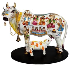 Resin Idol Kamdhenu Wish Cow & Calf: Hindu Gods Painted Good Luck Statue, Multicolor (10103)