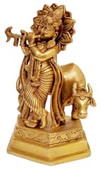 Brass Idol Krishna With Divine Cow: Collectible Statue For Home Temple (10024)