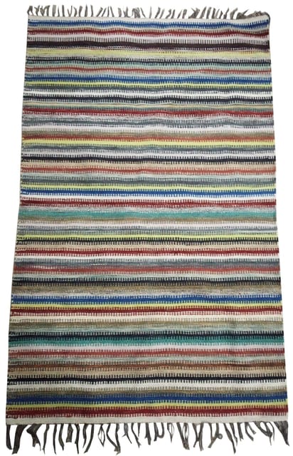 Woolen Dhurrie Carpet 'Rainbow': Handwoven Paddle Rug in Large Size, 5*3 feet or 15 Square feet  (10062)